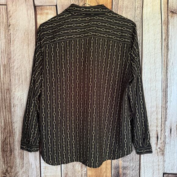 Ann Taylor Blouse Petite Chain Print Button-Down Black Long Sleeve Top Office - Picture 2 of 9